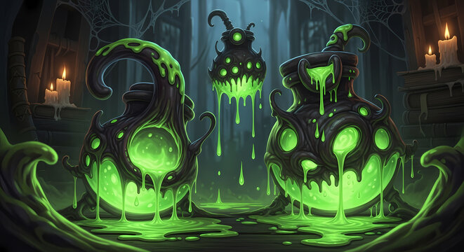 Glowing green magic potions in a dark alchemist laboratory.