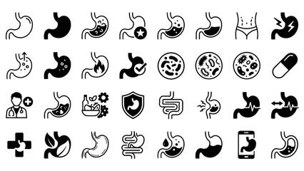 Fototapeta premium Stomach and digestive system icon set, human anatomy and gastroenterology symbols, medical vector collection for gut health and abdominal pain