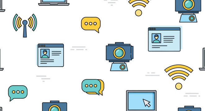 Seamless pattern with technology icons including webcams, chat bubbles, and wireless signals.