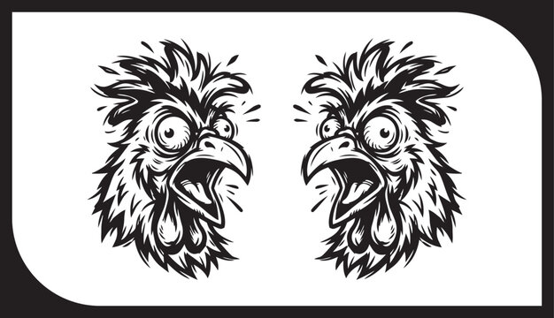 Vector illustration of a wild rooster head combined with eagle wings and hawk feathers to create a powerful black animal mascot tattoo symbol