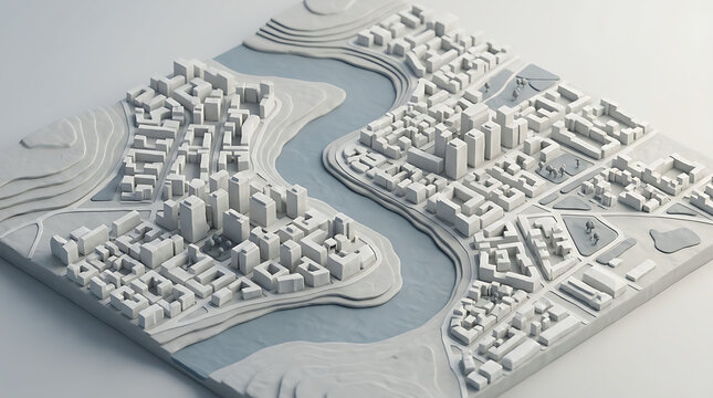 3D cityscape model with river running through, buildings and structures, urban landscape