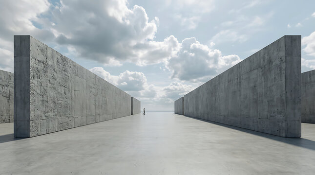 A person walks between two long concrete walls