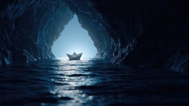 Paper boat in dark cave tunnel