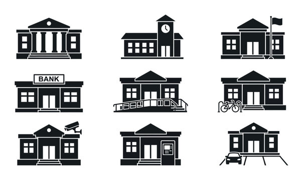 9 Government building silhouette icons bank school courthouse, solid black style, city infrastructure set