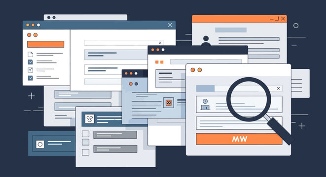 Illustration of multiple overlapping web browser windows with search and navigation elements.