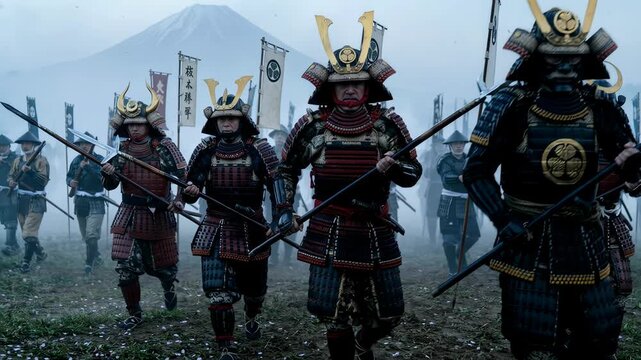 Cinematic shot of samurai army marching in traditional armor with Mount Fuji background for historical documentary or cinematic film production