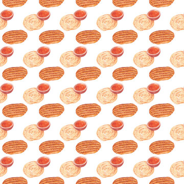 Seamless Pattern of Watercolor Naan Barbari and Layered Parotta Flatbreads