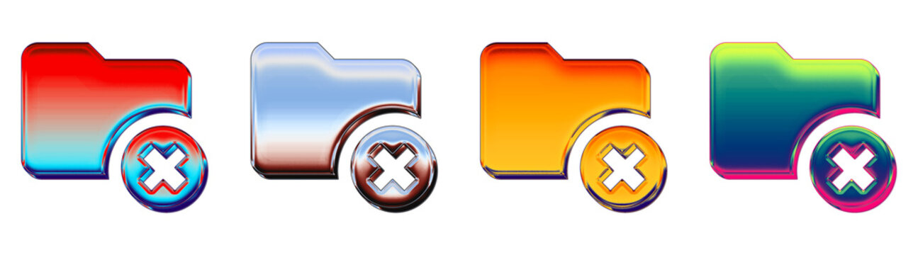 3D liquid glass icon set - delete folder 3. Folders and files document storage. 3D illustration on transparent background. Vibrant colors and soft shadows.