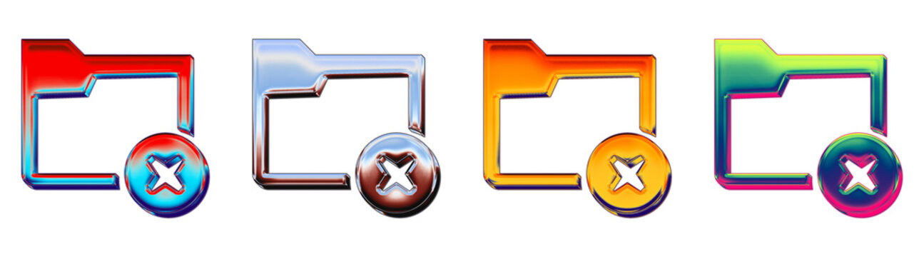 Set of 3D chrome delete folder 2 icon isolated on transparent background, symbols for Folders and files document storage. Glossy reflective surface detail.