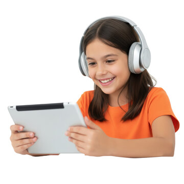 Young girl with dark shoulder-length hair wearing orange shirt and silver headphones holding a tablet while smiling in a bright studio learning atmosphere