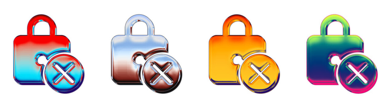 Set of 3D glossy delete lock icon isolated on transparent background, symbols for Property protection icon collection and design. Stylized vector icon collection.