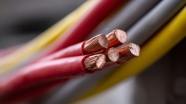 Close-up of bare copper wires within a red insulated cable, showcasing raw material and electrical components with soft focus background detail
