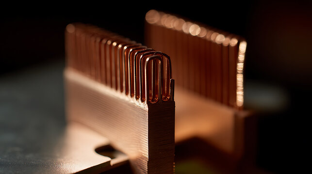 Close-up of a sophisticated copper heatsink, featuring intricate fins and a shiny metallic surface, ideal for high-tech cooling systems and electronic components