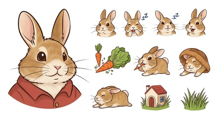 Naklejka premium Cartoon rabbit character sticker set with various poses.