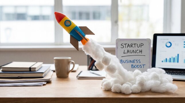 A rocket taking off on a desk symbolizing business launch. Alongside a laptop, a coffee mug, and notebooks, is a whiteboard promoting a startup business.