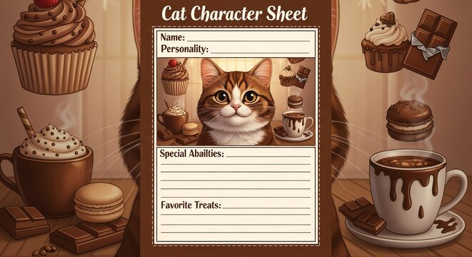 Cat character profile template with sweets and coffee.