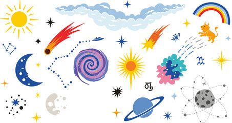 Colorful Flat Style Space and Celestial Element Set with Sun, Moon, Planet, Galaxy, Comet, Star, Constellation, Rainbow, and Zodiac for Astronomy Designs © Lcpl