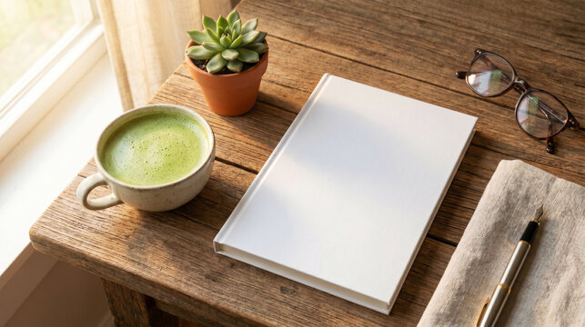 Blank white book on a wooden table with matcha latte and succulent in morning sunlight
