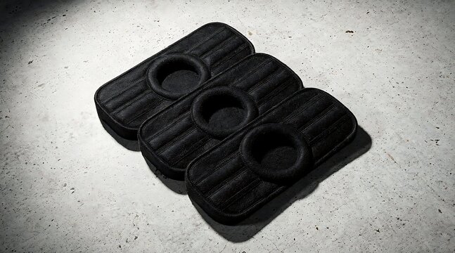 Close-up shot of three black rubber components with circular openings on a textured surface.