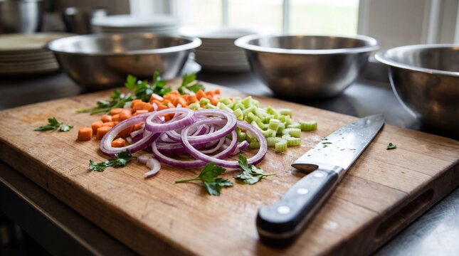 Freshly chopped vegetables on a wooden cutting board, ready for cooking. Including carrots, red onion, celery, and herbs. A chef's knife rests beside the ingredients, suggesting a culinary activity.