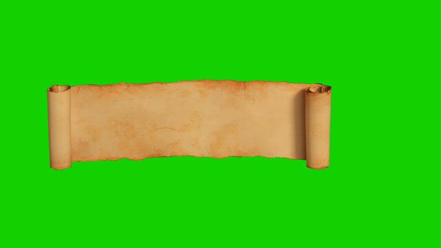 Vintage blank parchment scroll with torn edges on dark brown wood texture background. Ancient parchment scroll banner on dark wooden table. Isolated, green chromakey, luma matte included.