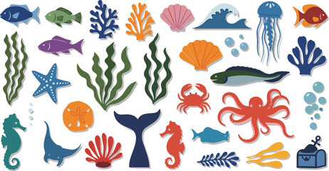 Colorful Flat Style Ocean and Sea Life Element Set with Fish, Octopus, Crab, Jellyfish, Seahorse, Starfish, Coral, Seaweed, and Shell for Marine Designs © Lcpl