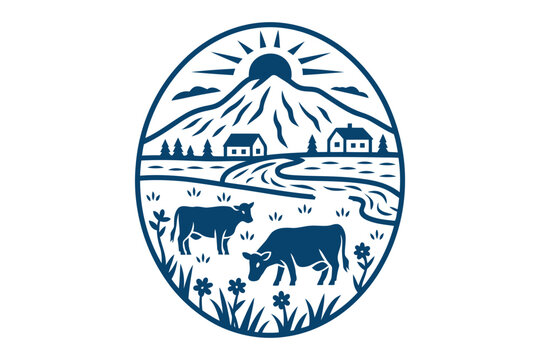 Blue monochrome circular of cows grazing in rural mountain landscape with houses and sun