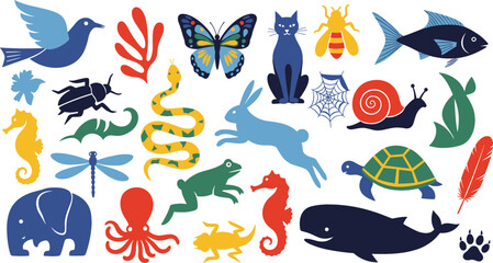 Colorful Flat Style Animal Silhouette Icon Set with Butterfly, Elephant, Whale, Snake, Turtle, Frog, Cat, and Seahorse for Nature and Wildlife Designs © Lcpl