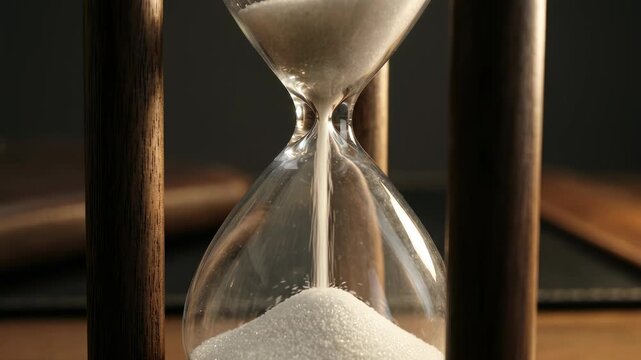 Close up of sand falling through an hourglass on a wooden desk symbolizing time management deadline and passing of time for business and productivity concepts