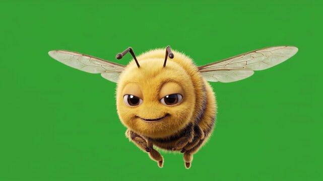 Animated Bee with Wings Flying on Green Background, Smiling and Happy.