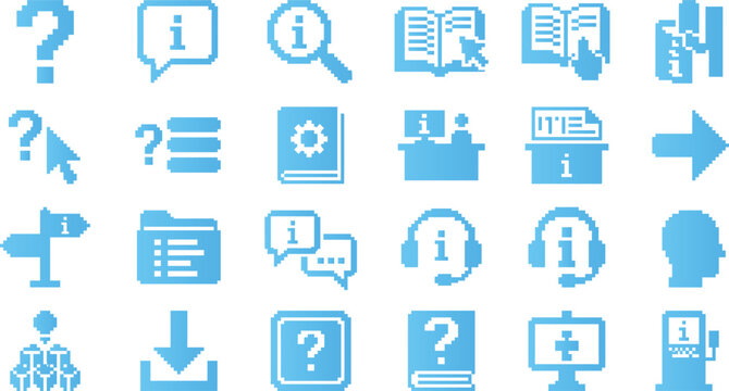 Pixel icons for information help and support like question marks magnifying glass books folders and support staff for assistance guidance and data.