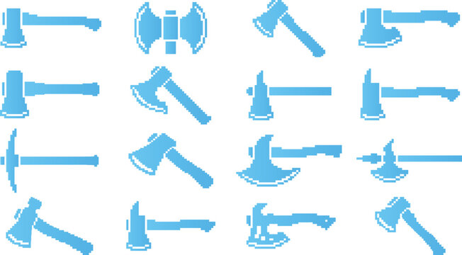 Selection of blue pixel art axe and pickaxe icons isolated on white background vector illustration.