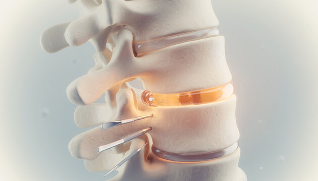 Detailed render showing the process of spinal hernia repair in the lumbar spine section