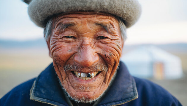 Mongolian herder with deep wrinkles showing years of life experience in vast landscape