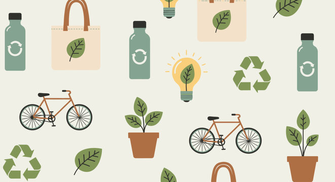 Seamless pattern of eco-friendly lifestyle icons including bicycles, reusable bottles, plants, and recycling symbols.