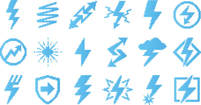 Collection of pixel art lightning bolt icons and symbols for digital design and web applications with various shapes and styles.