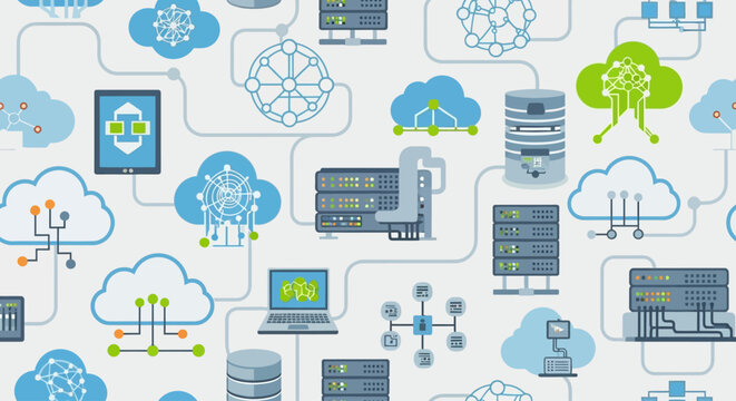 Seamless pattern of cloud computing and data storage technology icons.