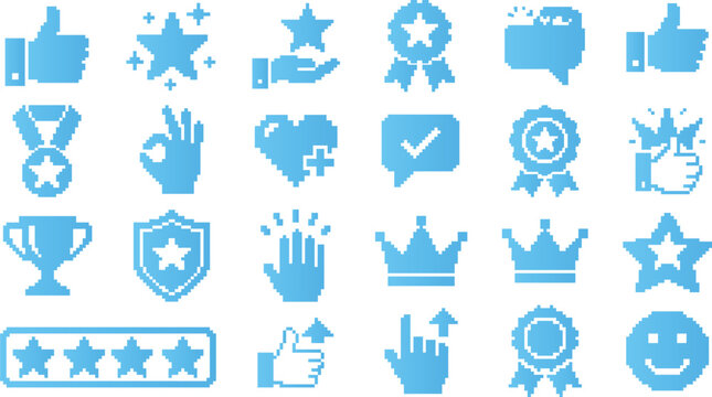 Diverse pixel art icons for user feedback and appreciation including likes stars badges medals and achievement awards for gamification.