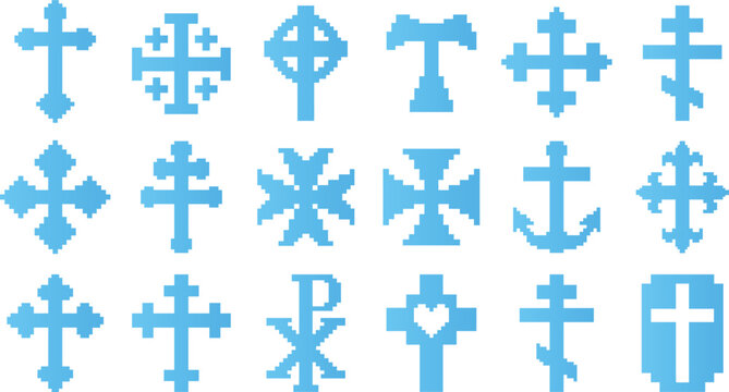 Assortment of pixelated Christian and religious cross symbols in various styles and historical designs for spiritual and design projects.