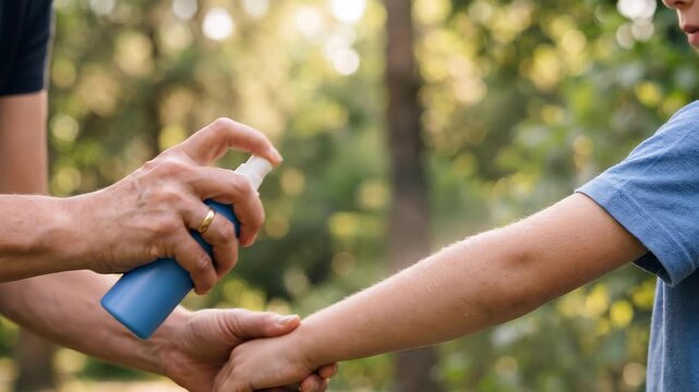 Applying Insect Repellent - Protecting a Child from Mosquito Bites Outdoors.