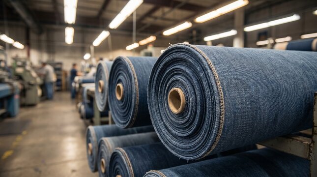 Blue Denim Twill Weave Fabric Rolls Stacked Inside an Industrial Textile Factory, Visible Stitching Details, Overhead Warehouse Lighting, Rugged Material Textures, Authentic Manufacturing Environment