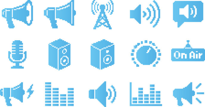 Assortment of pixel art icons for audio, sound, and broadcasting technology, including speakers and microphones.