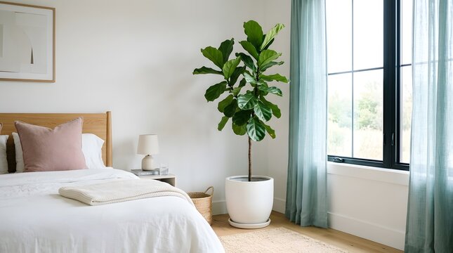 Bright bedroom interior with fiddle leaf fig tree and natural light