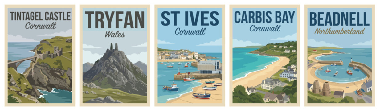 Vintage british united kingdom travel poster set. Including st ives, tintagel castle, tryfan, beadnell, and carbis bay. Retro vector landscape illustration.