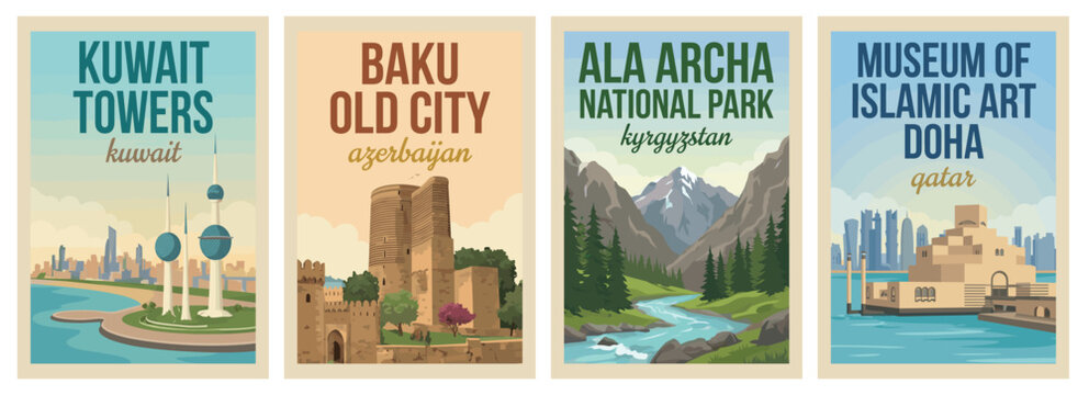 Vintage Asia Travel poster set. Including ala archa national park kyrgyzstan, kuwait towers, baku old city azerbaijan, and museum of islamic art doha qatar.