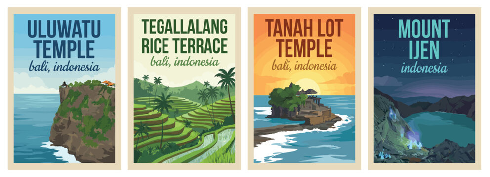 Vintage Indonesia travel poster set. Including Tanah Lot Temple, Mount Ijen, Tegalalang Rice Terrace, and Uluwatu Temple Bali. Retro vector illustration.