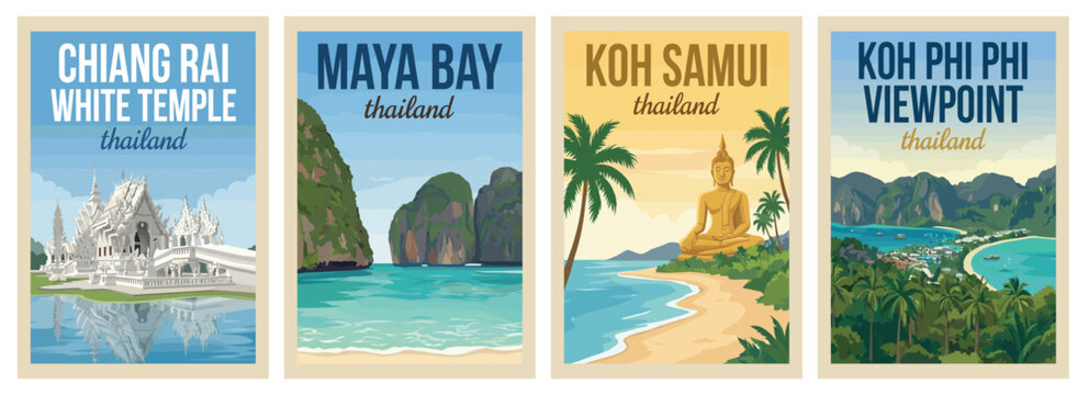Vintage Thailand travel poster set. Including Koh Samui, Koh Phi Phi Viewpoint, Maya Bay, and Chiang Rai White Temple. Retro vector illustration.