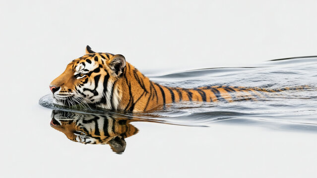 Majestic tiger swimming in calm water with reflection