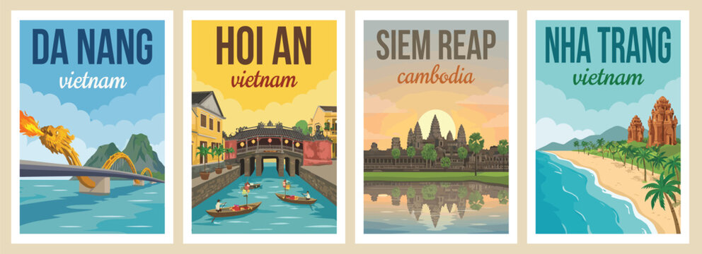 Vintage southeast asia travel poster set. Including nha trang, da nang vietnam, siem reap cambodia, and hoi an. Flat vector wall art prints.