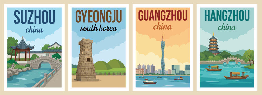 Vintage east asia travel poster set. Including hangzhou china, gyeongju south korea, guangzhou tower, and suzhou garden. Flat vector wall art prints.